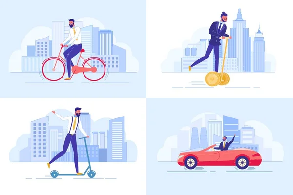 Colección Joyful Male People Montar en transporte — Vector de stock