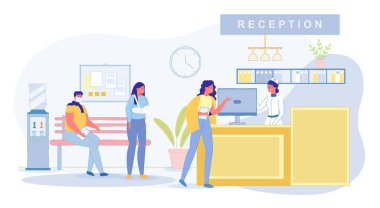 Koridordaki Hastane Resepsiyon ve Hastaları Çizgi Filmi