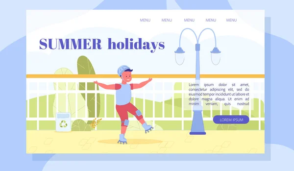 Summer Landing Page with Child on Roller Skates — Stock Vector