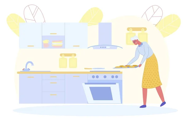 Gelukkig senior vrouw zet broodjes in oven op keuken — Stockvector