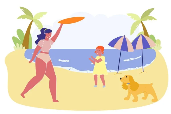 Famille Mère, fille et chien jouant au bord de la mer — Image vectorielle