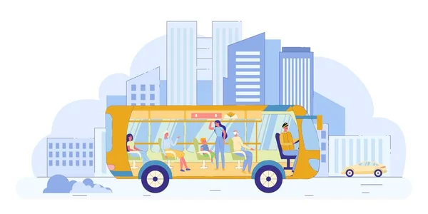 Viajar por la ciudad en autobús cómodo, Dibujos animados . — Vector de stock