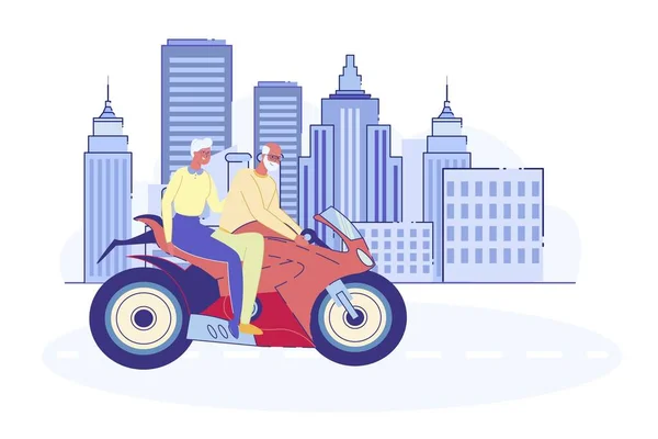 Personajes senior que conducen rápido en scooter en la ciudad — Vector de stock