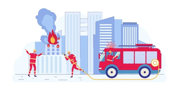 Feuerwehrleute versuchen, Flammen und Motorbrand zu bekämpfen. — Stockvektor