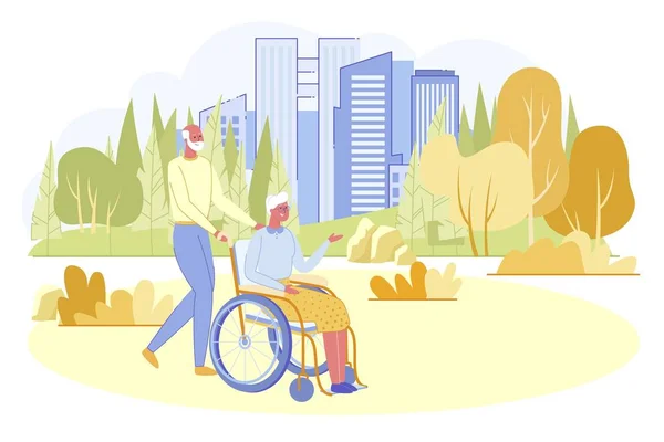 Любящий старший мужчина, гуляющий со своей женой-инвалидом — стоковый вектор