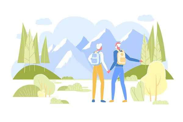 Senior Couple with Backpacks Admiring Mountains — Stock Vector