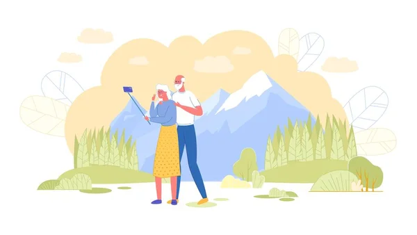 Loving Elderly Couple Making Selfie in Mountains — Stock Vector