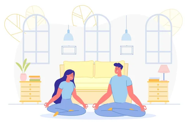 Happy Couple Yoga mediteren thuis oefenen — Stockvector