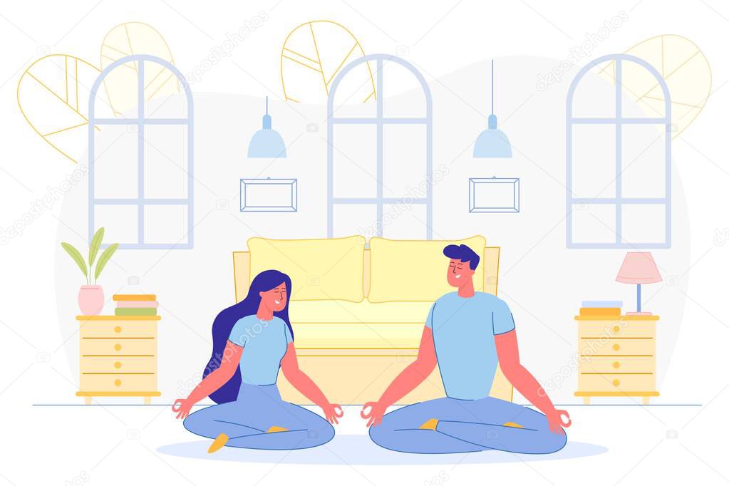 Happy Couple Practicing Yoga Meditating at Home