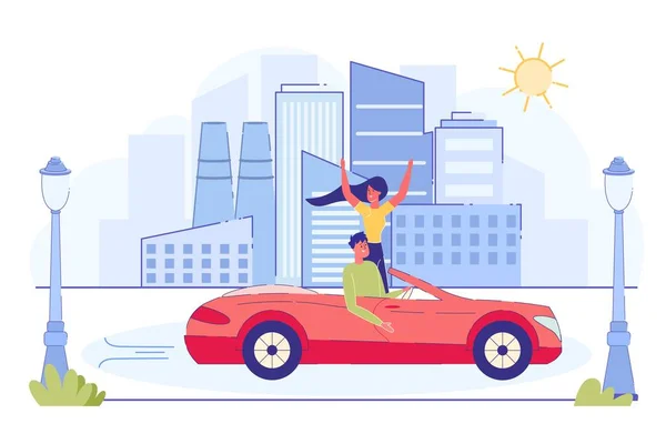 Happy Couple Riding Red Cabriolet Car on Cityscape — Stock Vector