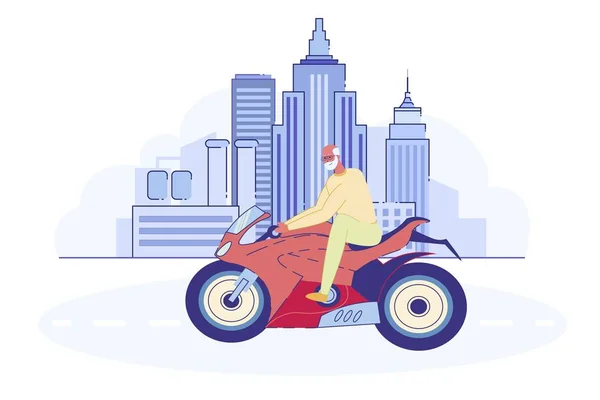 在城市景观下骑摩托车的在职退休人员 — 图库矢量图片