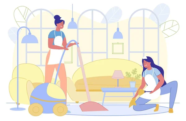 Travailleurs d'entreprise de nettoyage Plancher Vacuumimg, poussière . — Image vectorielle