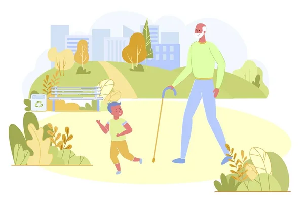 Niño y abuelo caminando en el Parque de la Ciudad de Verano — Vector de stock