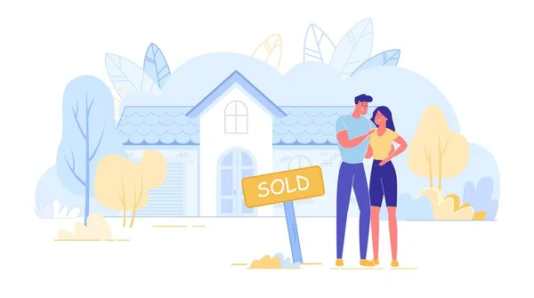 Couple Owners Standing near Facade Buying New Home — Stock Vector