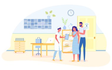 Genç çift hastanede kadın doktorla konuşuyor..