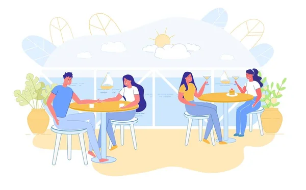 Άνθρωποι που κάθονται στο εστιατόριο κοντά στη θάλασσα με θέα. — Διανυσματικό Αρχείο