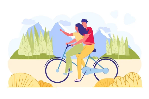 Circulaire publicitaire, Promenade en couple à vélo en ville . — Image vectorielle