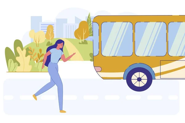 Chica correr y saludar mano para atraer la atención del autobús — Archivo Imágenes Vectoriales