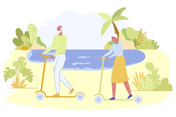 夫妇主动退休金领取者骑踢推动式滑板车 — 图库矢量图片