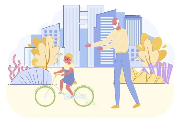 Amar abuelo enseñar niña montar en bicicleta — Vector de stock