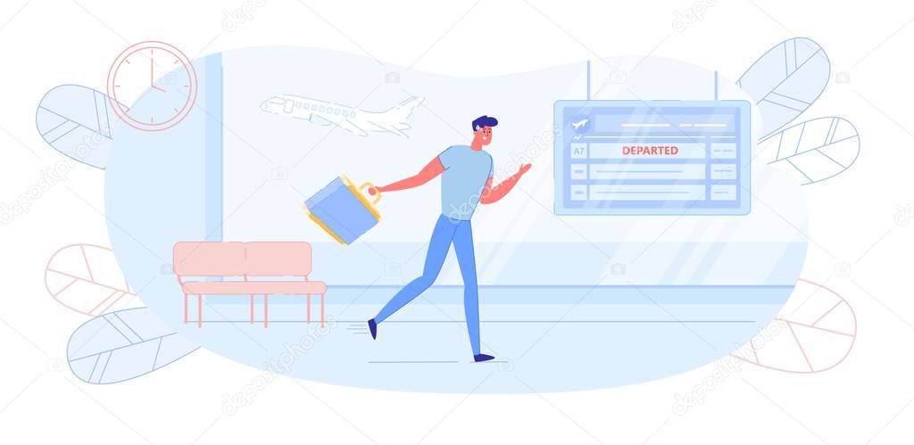 Man Character Running in Rush to Plane Departure.