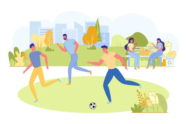 Piłkarze Biegać z piłką na boisku w parku. — Wektor stockowy