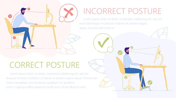 Incorrect, Correct Posture, Sit in Front Computer. — Stock Illustration Incorrect, Correct Posture, Sit in Front Computer. Stock Vector