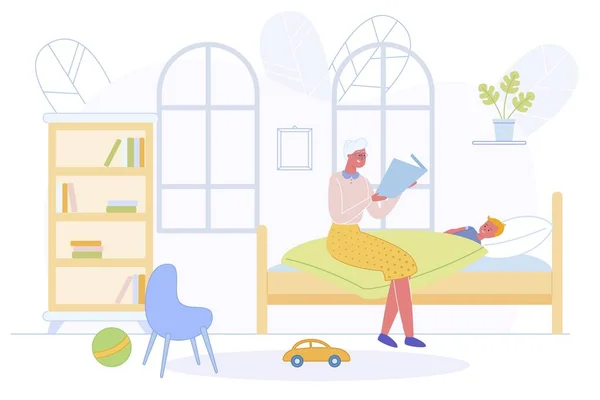 Aimer mamie assis au petit-fils lit Lire l'histoire — Image vectorielle