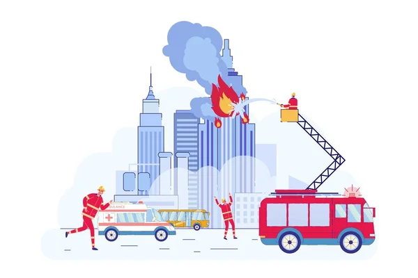 Les pompiers essaient d'éteindre le feu dans le gratte-ciel . — Image vectorielle