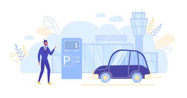 Man Using Payment Terminal in Airport Parking. clipart