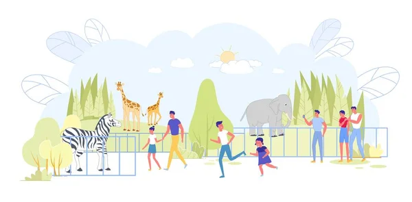 Pessoas dos desenhos animados que vêm ao zoológico, assistindo animais . — Vetor de Stock