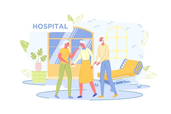 Ouderen lopen in het ziekenhuis met relatief. — Stockvector