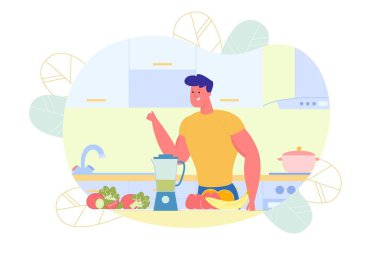 Düz Atletik Adam Sebze Smoothie Hazırlıyor.