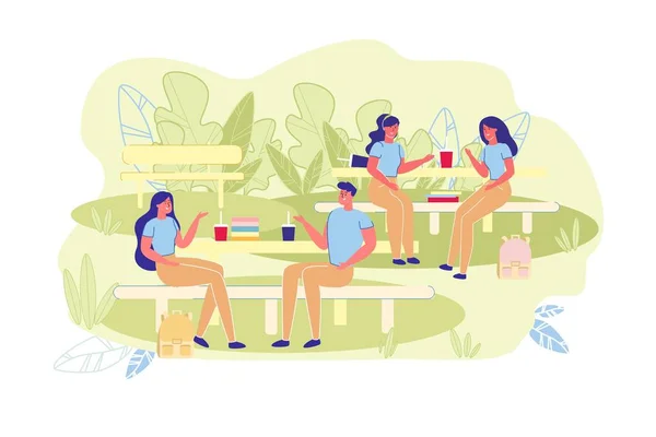 Universitetsstudenter äter lunch på frisk luft. — Stock vektor