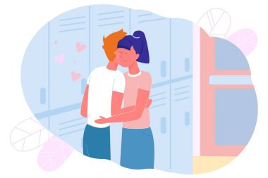 Guy And Girl, Teenagers Cuddling School Corridor.