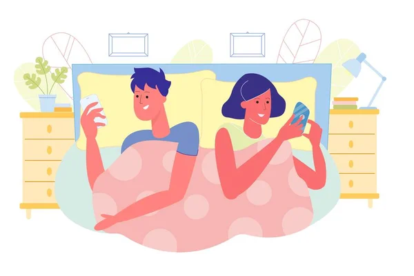 Spouses Lying in Bed and Chatting in Smartphone — Stock Vector