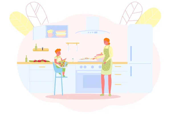 Madre cucina con suo figlio in cucina spaziosa . — Vettoriale Stock