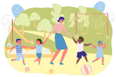 Teacher, Children on Playground in Kindergarten.