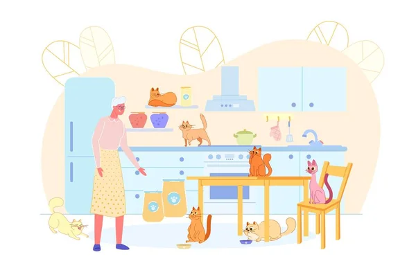 ผู้หญิงแก่โดดเดี่ยวให้อาหารแมวในห้องครัวแบน . — ภาพเวกเตอร์สต็อก