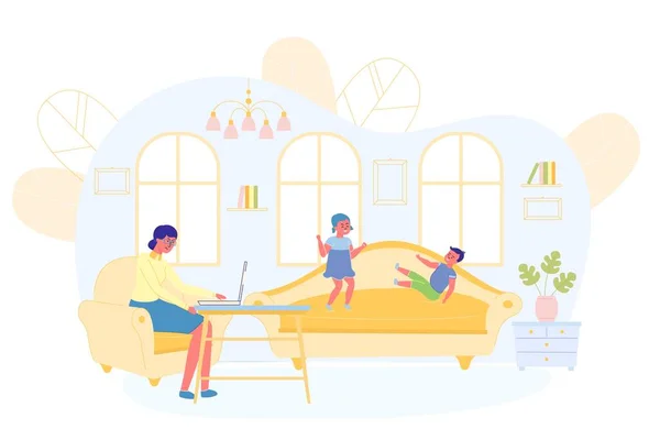 Children Play and Disturb Mom from Working at Home — Stockvector