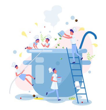 Tiny Children in Kitchen Cooking in Giant Pan.