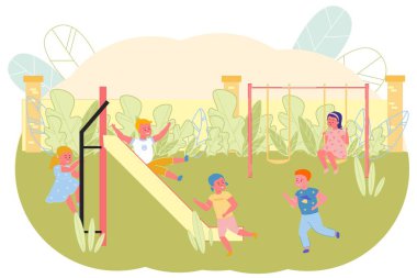 Lonely Girl Looks at Children Game at Playground.