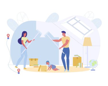 Young Family Makes Repairs in New House, Cartoon.
