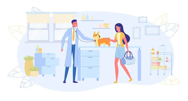 Señora de moda que viene con el perro para el examen médico . — Vector de stock