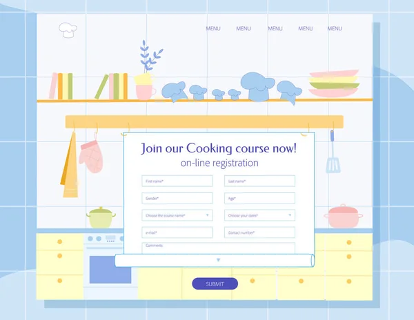 Curso de cocina Registro en línea Diseño en blanco . — Vector de stock