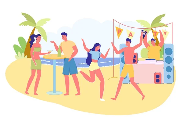 Fête de plage pour les jeunes touristes, Illustration plate . — Image vectorielle