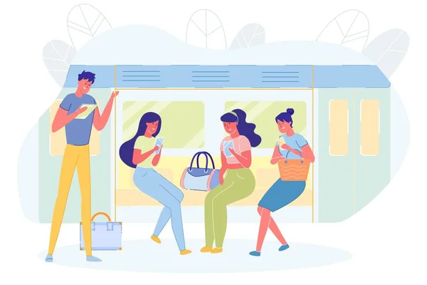 People with Smartphone at Public Fast Metro Train — Stock Vector