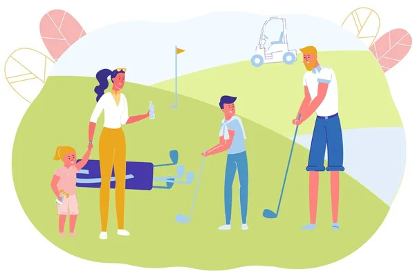 Miembros de la familia jugando al golf en el campo juntos . — Vector de stock