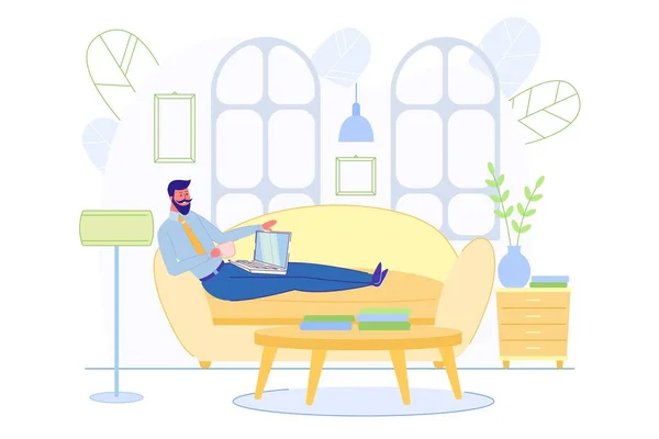 Homme sur canapé et travail dans le salon avec café — Image vectorielle