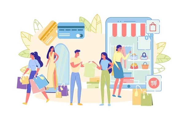 People Shop for Clothes Online, Illustration Plate . — Image vectorielle